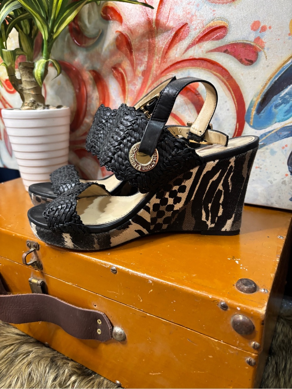 Vince Camuto Black Woven Upper with Animal-Print Wedge Sandals